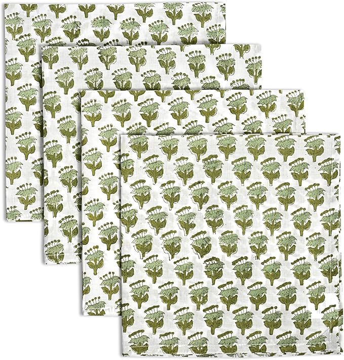 CPC Emerald Green Indian Block Print Cotton Cloth Napkins Set of 4, 18x18 Reusable Everyday Napkins, Soft, Absorbent, Floral Dinner Napkin, Holiday, Party Gift, Spring,Mother's Day