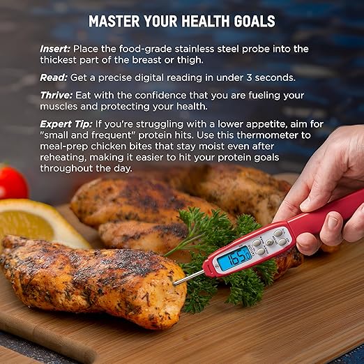 Taylor Digital Instant Read Meat Thermometer for GLP-1 High Protein Meal Prep – Waterproof Kitchen Probe for Chicken, Steak, Lean Cuts, Grill, BBQ – Fast Temperature Check, Blue Backlight Display, Red