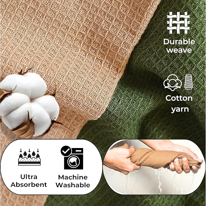 Highly Absorbent Cotton Dish Towels for Drying - Set of 3+3 - Sage Green + Beige Kitchen Towels - 18"X28" Lint Free Waffle Weave Cloth Linen Hand Bathroom Bulk Dishtowels