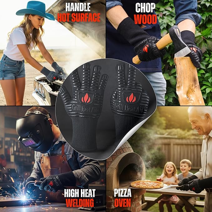 GRILL HEAT AID Extreme Heat Resistant BBQ Gloves - 1472°F Grill Gloves Heat Proof for Men EN407 Certified Fireproof Grilling Gloves for Fire Pit & Smoker, High Temp Grill Mitts for Outdoor Pizza Oven