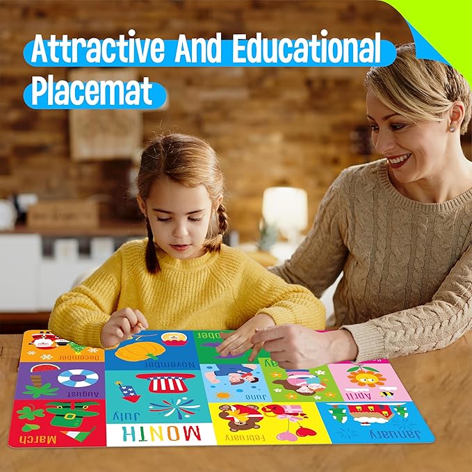 6 Pack Placemats for Kids, Non-Slip Washable, Reusable Alphabet, Number, Month, Color & Emotion Educational Placemats for Home, Kindergarten, Classroom, Nursery