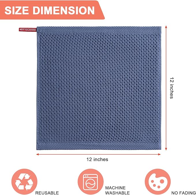 BOOMIBOO 8-Pack Kitchen Dish Cloths, 100% Cotton Waffle Weave, Ultra Soft Absorbent, Quick Drying Dish Towels, 12x12 Inches,Navy Blue
