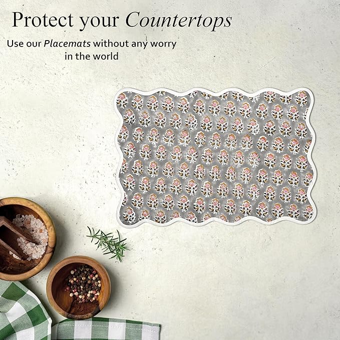 CPC Cotton Placemats Labra Grey Set of 4-Hand Block Printed Reversible Placemats, Flower Scalloped & Embroidered Cloth Table Mats - 14 x 20 inch Gift for Spring, Mother's Day