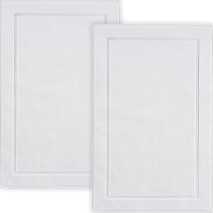 Hawmam Linen White Bath Mats, 21 x 34 inches, Pack of 2-100% Ring Spun Cotton,[Not a Bathroom Rug] Banded Design, Highly Absorbent, Machine Washable for Bathroom Floor Towel