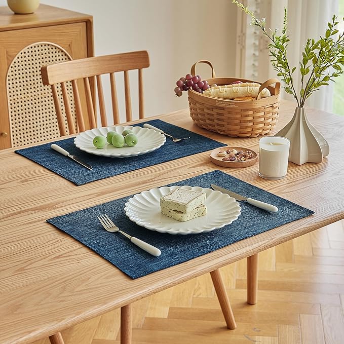 Softalker Faux Linen Placemats Set of 6-12 x 18 Inch, Heat Resistant Double Layered Durable Burlap Farmhouse Place Mats, Non-Slip Washable Rustic Table Mats for Dining, Kitchen, Party（Navy Blue