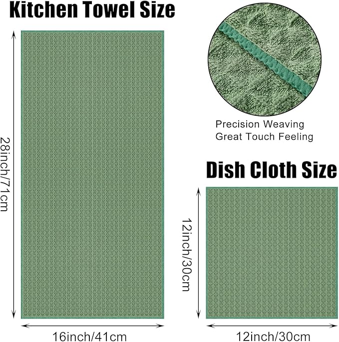 Homaxy Microfiber Waffle Weave Kitchen Towels Set, 16 x 28 Inch and 12 x 12 Inch Ultra Absorbent and Solid Color Dish Towels, 8 Pack, Grass Green