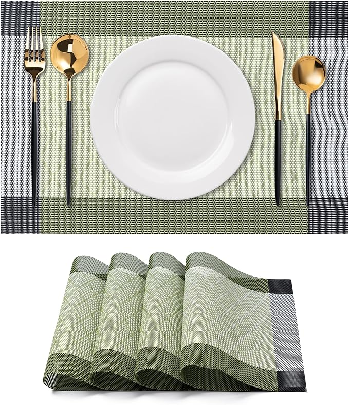CADONO Placemats Set of 4 Washable Indoor/Outdoor Vinyl Place Mats for Dining Table Durable Non-Slip Heat Resistant PVC Weave Table Mats（Rhombus-Green）
