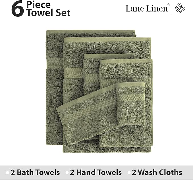 LANE LINEN Luxury Cotton Bath Towel Pack of 6 - Softer, Highly Absorbent & Durable - 2 Bath, 2 Wash cloths, 2 Hand Towels for Bathroom - Premium Look, Spa Quality, Solid Dyed Towels - Oil Green