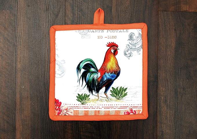 AMOUR INFINI Pot Holders Easter Decor Heat Resistant Cotton Set of 2 Nonslip 8"x8" Inch Hot Pads for Kitchen, BBQ, Baking & Cooking with Hanging Loops (Farm Rooster)