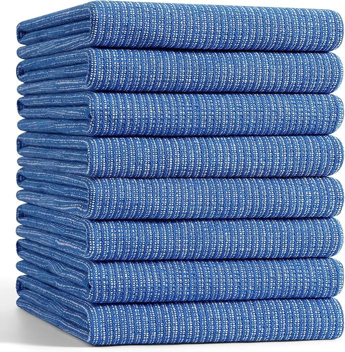 Mordimy Premium Kitchen Towels 8 Pack (18 x 28 Inches, Blueberry), Large Cotton Kitchen Hand Towel, Flat & Terry Dish Towels for Drying Dishes, Super Absorbent Tea Dishtowels Set with Hanging Loop