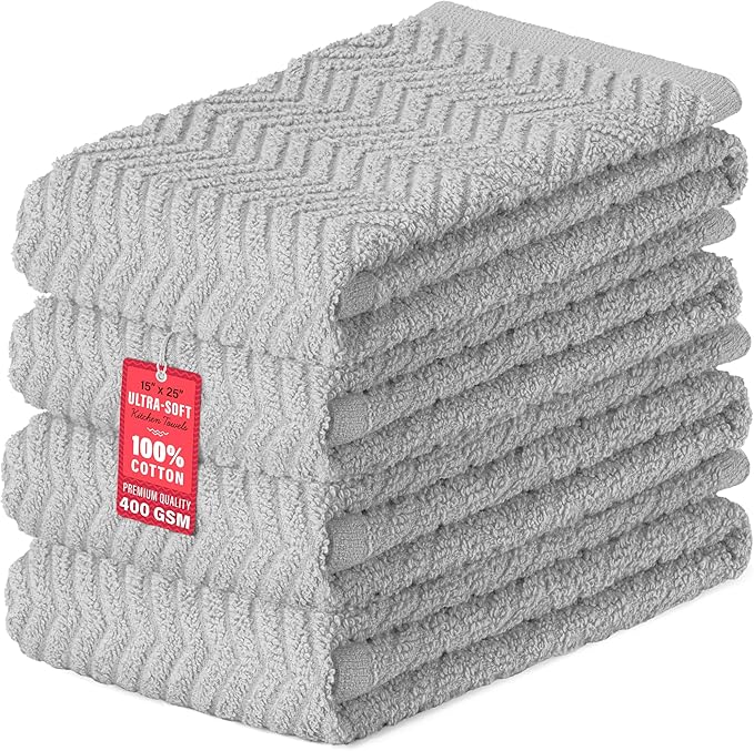 DecorRack 100% Cotton Kitchen Towels, 15" x 25" Absorbent Dish Towels [Premium Quality 400 GSM] Gray (Pack of 4)
