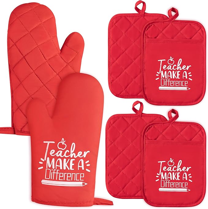 GROBRO7 6Pcs Cotton Oven Mitts Pot Holders Teacher Appreciation Week Gift for Women Men Teacher Make a Difference Pocket Potholder Baking Gloves Thank You Teachers Gifts for Back to School Graduation