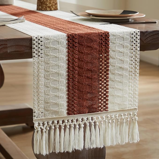 ZeeMart Macrame Style Bicolor Stitching Table Runner, 14 x 36 Inch Terracota/Ivory, Boho Rust Table Runners 36 Inches Long, Farmhouse Woven Home Decor