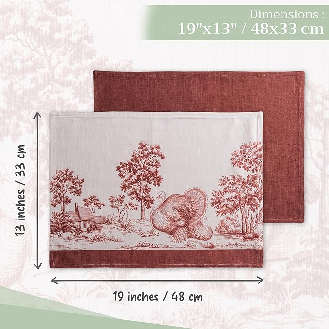 Maison d' Hermine Placemats Set of 4 100% Cotton Washable Cloth Place Mats, Reusable Table Mats for Thanksgiving Christmas Decorations Kitchen Dining Party Wedding (Holy Jouy - Brown, 13" x 19")