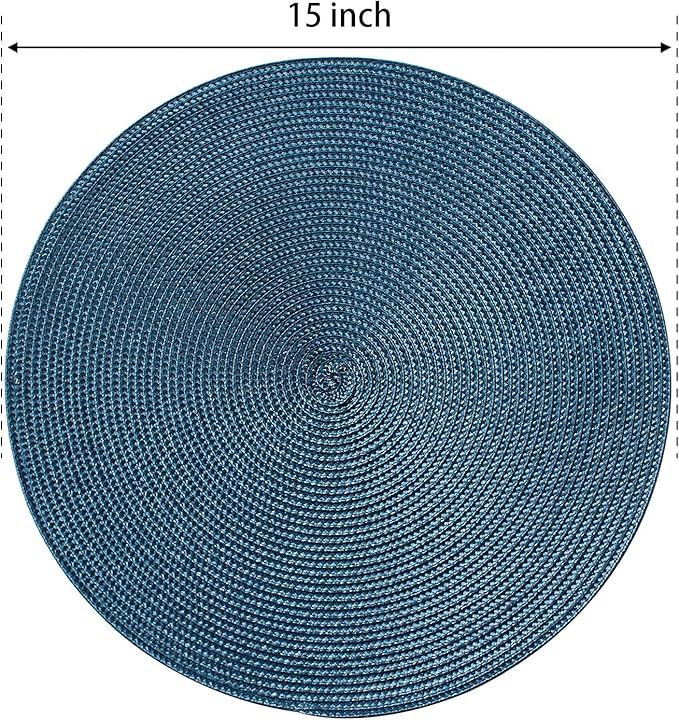 FunWheat Round Braided Placemats Set of 6 Table Mats for Dining Tables Woven Washable Non-Slip Place mats 15 in(Blue, 6pcs)