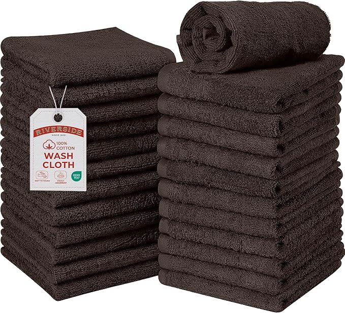 RIVERSIDE Pack of 24 Wash Cloths for Showering, 12 x 12 Inches, Super Soft & Absorbent, 100% Cotton Washcloths Premium Quality Flannel Face Cloths for Bathroom, Gym, Spa (Coffee Brown, 24 Pack)