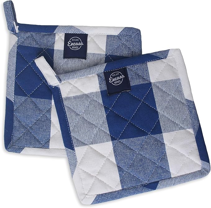 Encasa XO 8 inches Oven Microwave Potholders (2 pc Set) for Kitchen Cooking & Baking - Heat Resistant, Thick & Safe, Protection of Hands from Hot Utensils - Buffalo Blue Checks