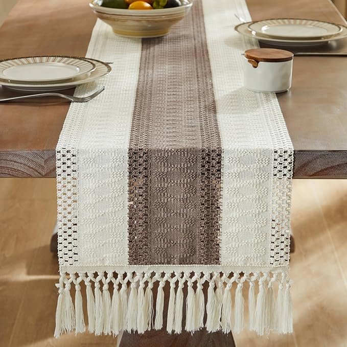 ZeeMart Macrame Style Bicolor Stitching Table Runner, 14 x 90 Inch Cocoa Brown/Ivory, Boho Brown Table Runners 90 Inches Long, Farmhouse Woven Home Decor