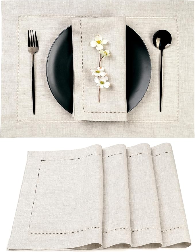 D'Moksha Homes Light Natural Linen Cloth Placemats Set of 4-100% Pure Linen Hemstitch Placemats 14 x 19 Inch - Classic Hemstitch Table Place Mats for Mothers Day - Machine Washable