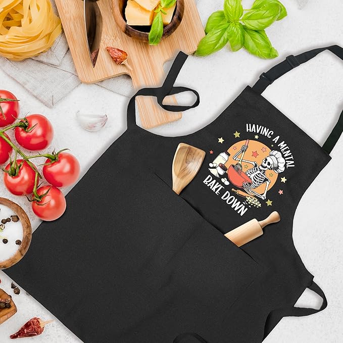 Funny Gothic Skeleton Baking Apron with Pockets, Funny Baking Gifts, Having a Mental Bake Down Waterproof Adjustable Cooking Apron for Kitchen Dishwashing Grilling