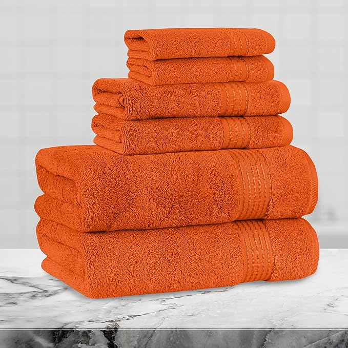 Mocassi Luxury 100% Turkish Cotton 6-Piece Towel Set - Ultra Soft, Quick Dry Highly Absorbent Premium Spa Hotel Quality Bath Towels, Includes 2 Bath Towels, 2 Hand Towels and 2 Washcloths, Orange