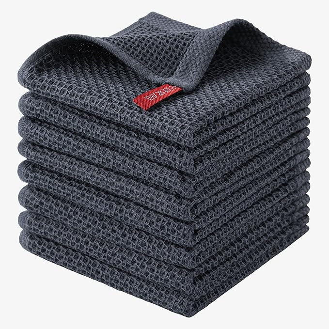 joybest Cotton Kitchen Dish Cloths, 8-Pack Waffle Weave Ultra Soft Absorbent Dish Towels Washcloths Quick Drying Dish Rags, 12x12 Inches, Dark Grey