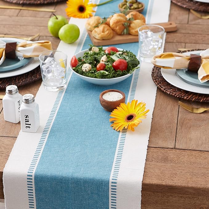DII Dobby Stripe Woven Table Runner, 13x72 (13x77.5, Fringe Included), Storm Blue