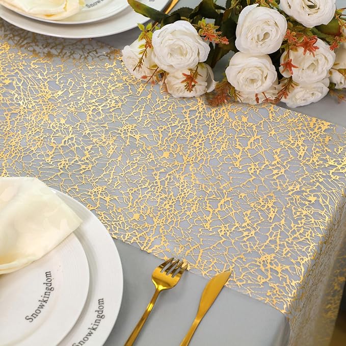 Snowkingdom 20Ft Gold Table Runner, Golden Glitter Foil Metallic Thin Mesh Cracked Runner Roll 11"x240", Gold Table Decorations for Wedding Birthday Fall Thanksgiving Christmas Party Chair Sashes