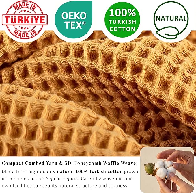 PÜSKÜL Natural 100% Turkish Cotton Waffle Kitchen Towels Set of 3 | Oeko-Tex, Premium Waffle Hand Towels for Bathroom | Soft Absorbent Quick-Dry Lint-Free Dish Towel Large 32x16 in (3, Mustrad Yellow)