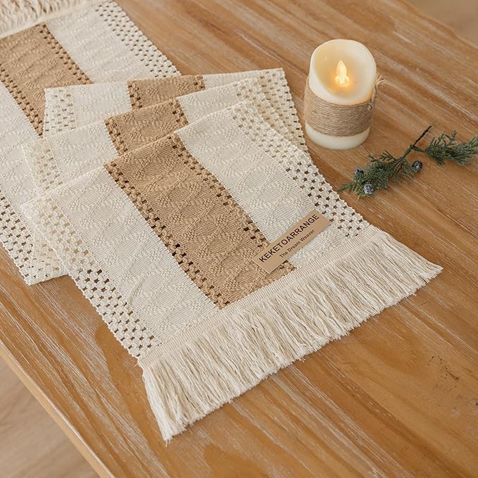 Keketoarrange Boho Table Runner Cream Beige Brown for Home Decor 12x48 Inches Farmhouse Small Macrame Woven Burlap Rustic Coffee Table Runner Dresser Scarf Dining Kitchen Centerpiece Bohemian Decor