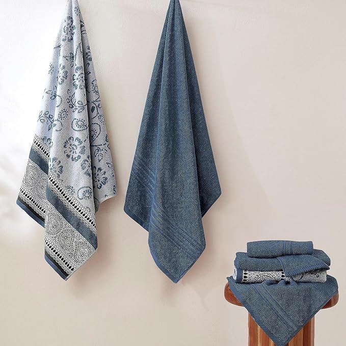 Modern Threads Floral Trail 6-Piece 100% Cotton Towel Set – Reversible Yarn Dyed Jacquard - Includes 2 Bath Towels, 2 Hand Towels, 2 Washcloths – Absorbent, Quick Dry, Soft & Durable – Navy
