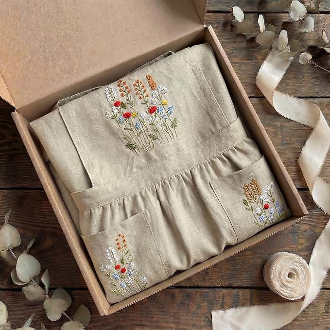 +Linen Embroidered +Apron For +Women With +Pockets, Cute Kitchen Apron, +Cooking +Baking Gifts For Her