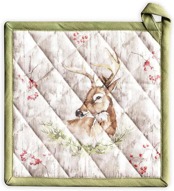 Maison d' Hermine Pot Holders 100% Cotton Heat Resistant Potholders 8" x 8" Hot Pads with Loop for Thanksgiving Christmas Decorations BBQ Cooking Baking Handling Hot Pans (Pack of 1, Mountain Life)