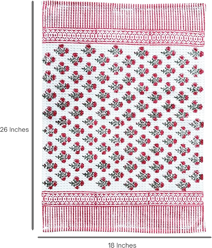 ATOSII 100% Cotton Hand Block Print Waffle Kitchen Towel, Set of 3, 18 x 26 Inches Ultra Absorbent Quick Dry Dish Towels, Reusable Sustainable Tea Towels for Cleaning and Drying, Gulbahar Pink