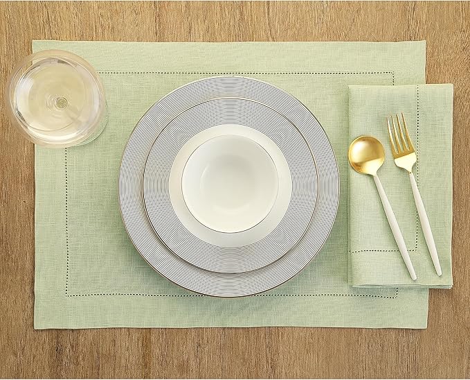 Solino Home Linen Napkins Set of 4 - Classic Hemstitch 100% Pure Linen Sage Green Dinner Napkins Cloth 20 x 20 Inch for Spring, Summer - Handcrafted and Machine Washable