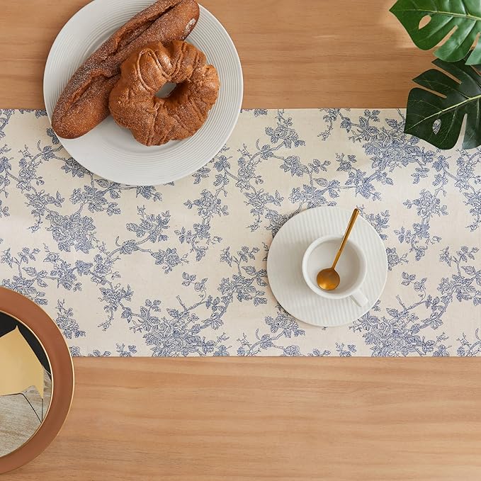 100% Cotton French Pastoral Table Runners, 13x60 Inch Blue Farmhouse Table Runners 60 Inches Long, Vintage Flowers Print Home Decors