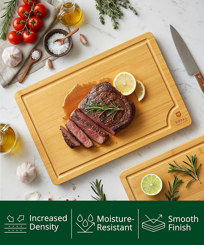 ROYAL CRAFT WOOD Wooden Cutting Boards for Kitchen Meal Prep & Serving - Bamboo Wood Serving Board Set with Deep Juice Groove Side Handles - Charcuterie & Chopping Butcher Block for Meat