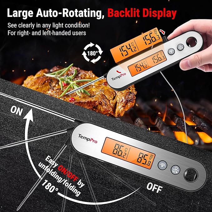 TempPro TP610 Rechargeable Instant Read Thermometer for Cooking, Stainless Steel Meat Thermometer Digital with Alarm, Waterproof Cooking Thermometer for Grill, Smoker, BBQ, Oven(Previously ThermoPro)