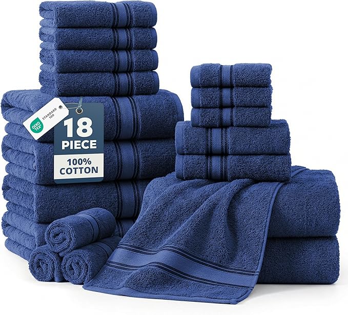 LANE LINEN 100% Mercerized Cotton Bath Towel Set of 18 – Zero Twist Shower Towels, 6 Bath, 6 Hand Towel & 6 Washcloths, Quick-Dry, Luxuriously Soft & Durable, Perfect for Everyday use – Navy