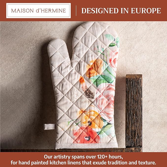 Maison d'Hermine Oven Gloves 100% Cotton Oven Mitt 7" x 13" with Loop Heat Resistant BBQ Cooking Gloves Baking Grilling Gifts for Mothers Day Spring/Summer (Pack of 1, Ibiza - Beige)