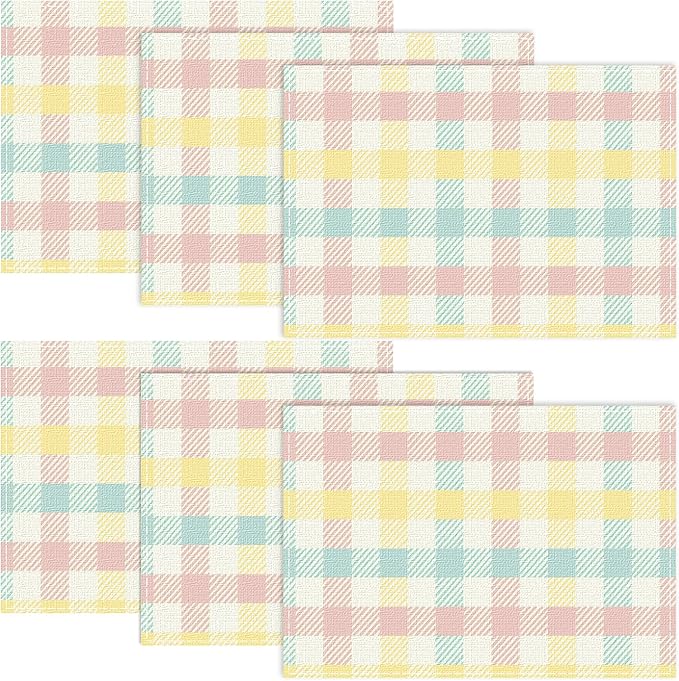 Niviy Buffalo Plaid Blue Pink Yellow Spring Easter Placemats Set of 6, 12x18 Inch Table Mats Easter Decor for Holiday Party Kitchen Dining Room Decoration