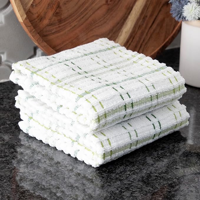 Ritz Royale Collection 100% Combed Terry Cotton, Highly Absorbent, Oversized Checked Kitchen Towel Set, 28" x 18", 2-Pack, Cactus Green
