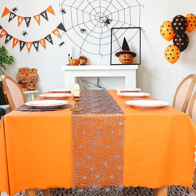 Snowkingdom Halloween Table Runner, Silver Spider Web Metallic Sequin Glitter Sheer Runners Roll 120", Black Table Decorations for Halloween, Wedding, Birthday, Themed Party, Christmas