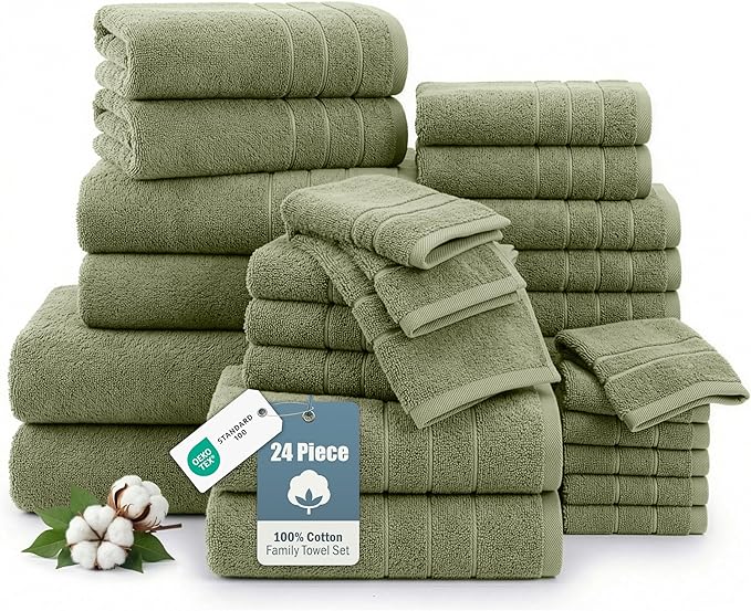 24-Piece Luxury Bathroom Towel Sets – 100% Cotton Bath Towel, 2 Bath Sheets, 2 Gym Towel, 2 Bath, 4 Fingertip, 6 Hand, 8 Washcloths, Highly Absorbent, Ideal for Spa, Hotel & Everyday Use – Oil Green