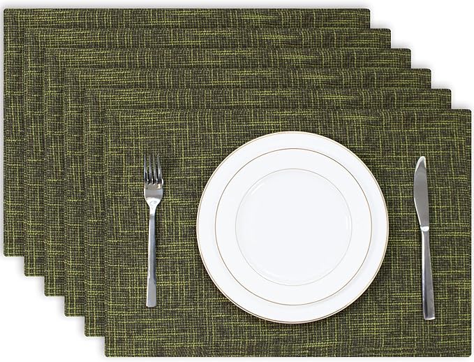 Kevin Textile Christmas Burlap Linen Placemats Set of 6 Heat Resistant Dining Table Place Mats Washable Kitchen Table Mats for Dinning Party Holiday Indoor Outdoor, 13 x19 inches, Peridot Green