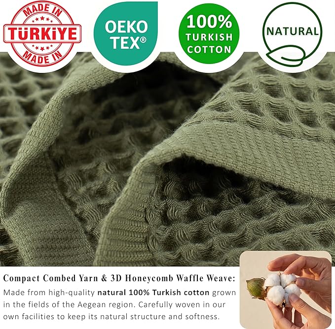 PÜSKÜL Natural 100% Turkish Cotton Waffle Kitchen Towels Set of 3 | Oeko-Tex, Premium Waffle Hand Towels for Bathroom | Soft Absorbent Quick-Dry Lint-Free Dish Towel Large 32x16 inch (3, Khaki Green)