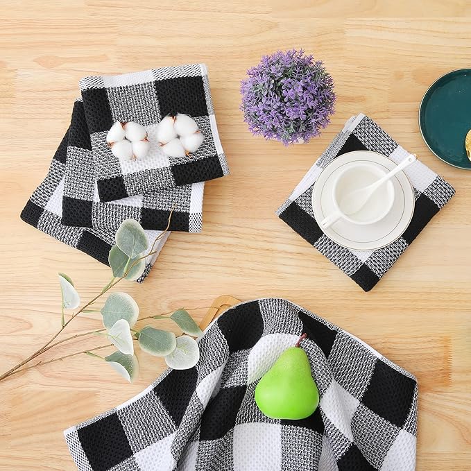 Homaxy 100% Cotton Waffle Weave Check Plaid Dish Cloths, 12 x 12 Inches, Super Soft and Absorbent Dish Towels Quick Drying Dish Rags, 6-Pack, White & Black