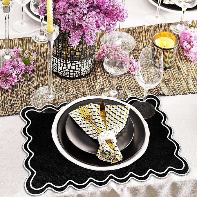 Whaline Black White Linen Placemats Embroidered Scalloped Kitchen Place Mats for Birthday Party Home Dining Table Decor, Set of 6, 13 x 19 in