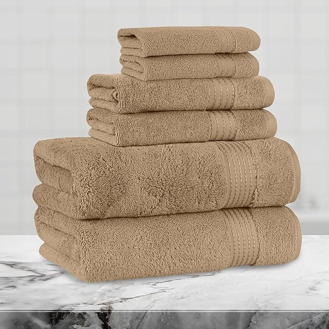 Mocassi Luxury 100% Turkish Cotton 6-Piece Towel Set - Ultra Soft, Quick Dry Highly Absorbent Premium Spa Hotel Quality Bath Towels, Includes 2 Bath Towels, 2 Hand Towels and 2 Washcloths, Taupe