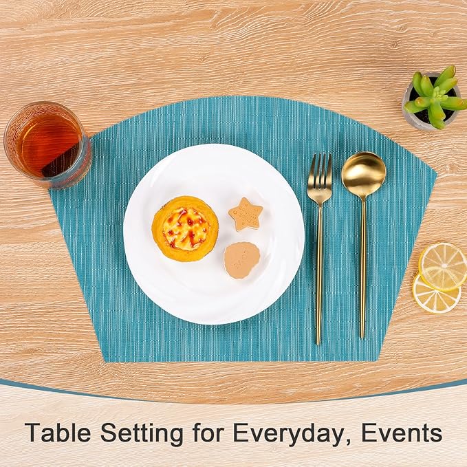 SHACOS Wedge Shape Placemats Set of 8 Woven Vinyl Reversible Placemats for Round Table Curved Place Mats Wipe Clean Non Slip Table Mats Indoor Outdoor, Teal Blue